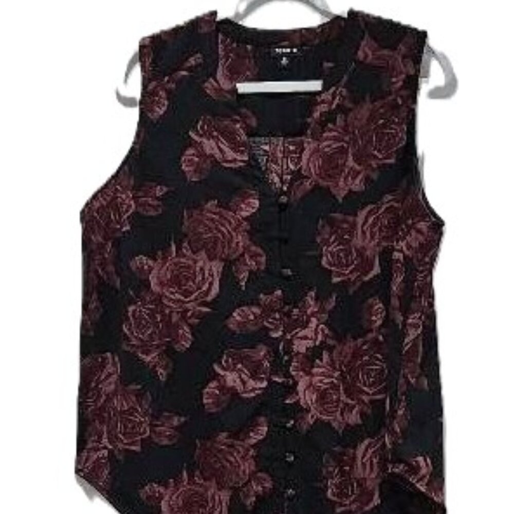 TORRID BLACK RED BURGUNDY ROSES SLEEVELESS V-NECK GOTH TOP 0 (L) - Picture 2 of 12